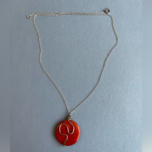 Artisanal necklace, orange/red and silver - Picture 1 of 3